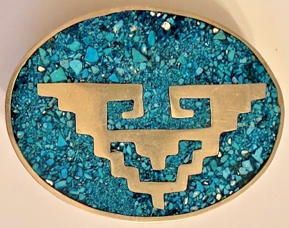 Vintage Aztec Themed Silver-Plated Oval ALPACA BELT BUCKLE -Turquoise Inlay READ