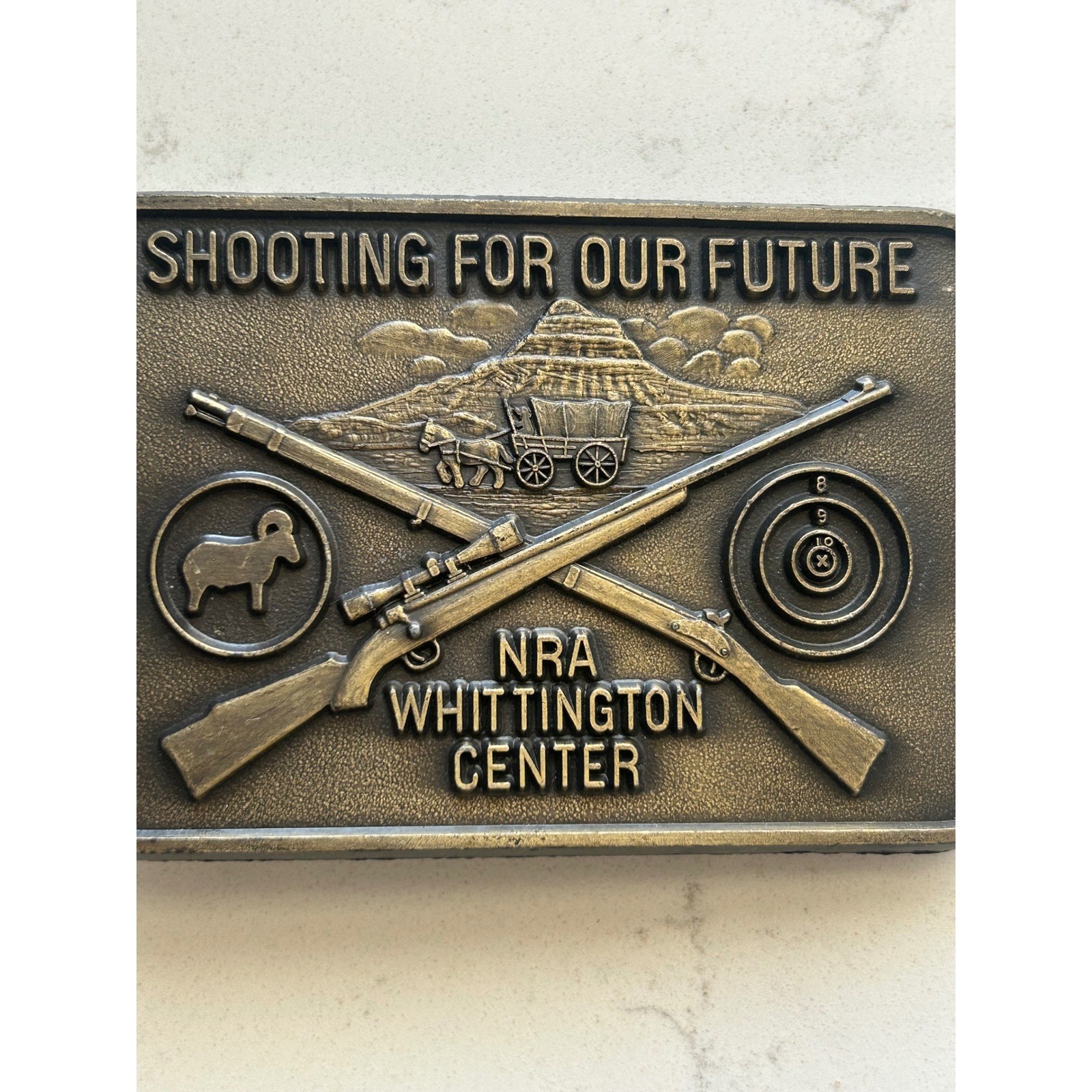 NRA Whittington Center Belt Buckle Shooting For Our Future Crossed Rifles Brass