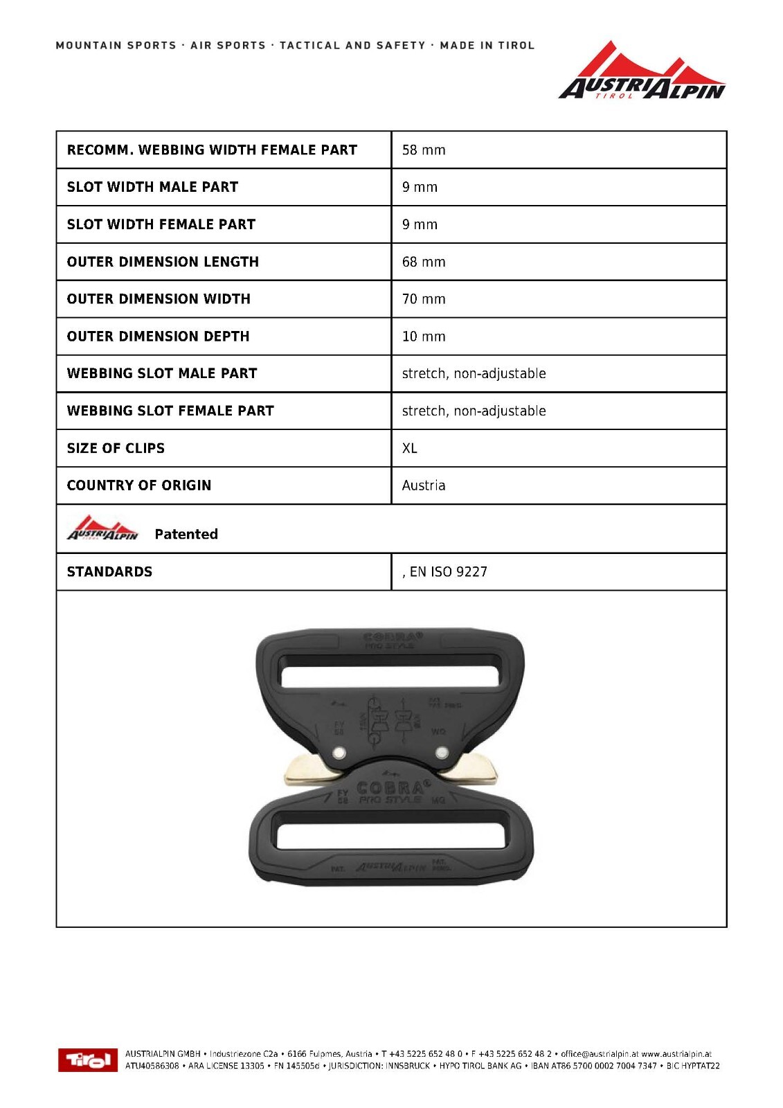 AustriAlpin COBRA 2.25&Prime; 58mm Quick Release Dual Wide Fixed Duty Belt Buckle