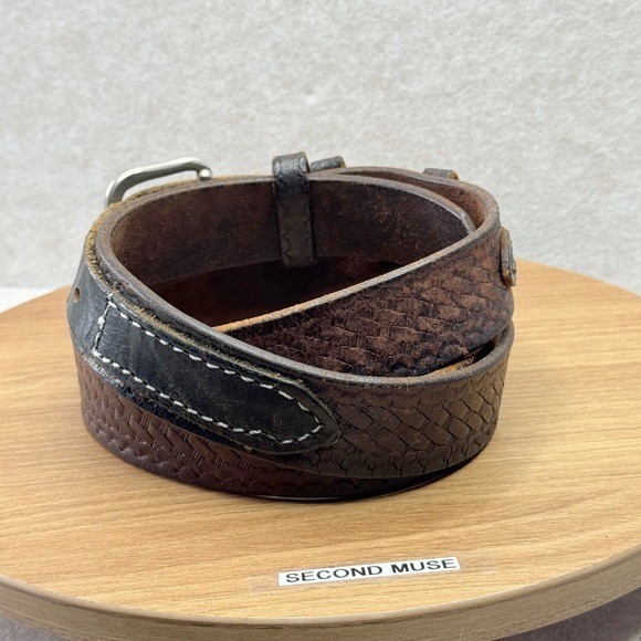 Distressed Leather Woven Embossed Belt Silver Buckle Brown Well Worn Size 50