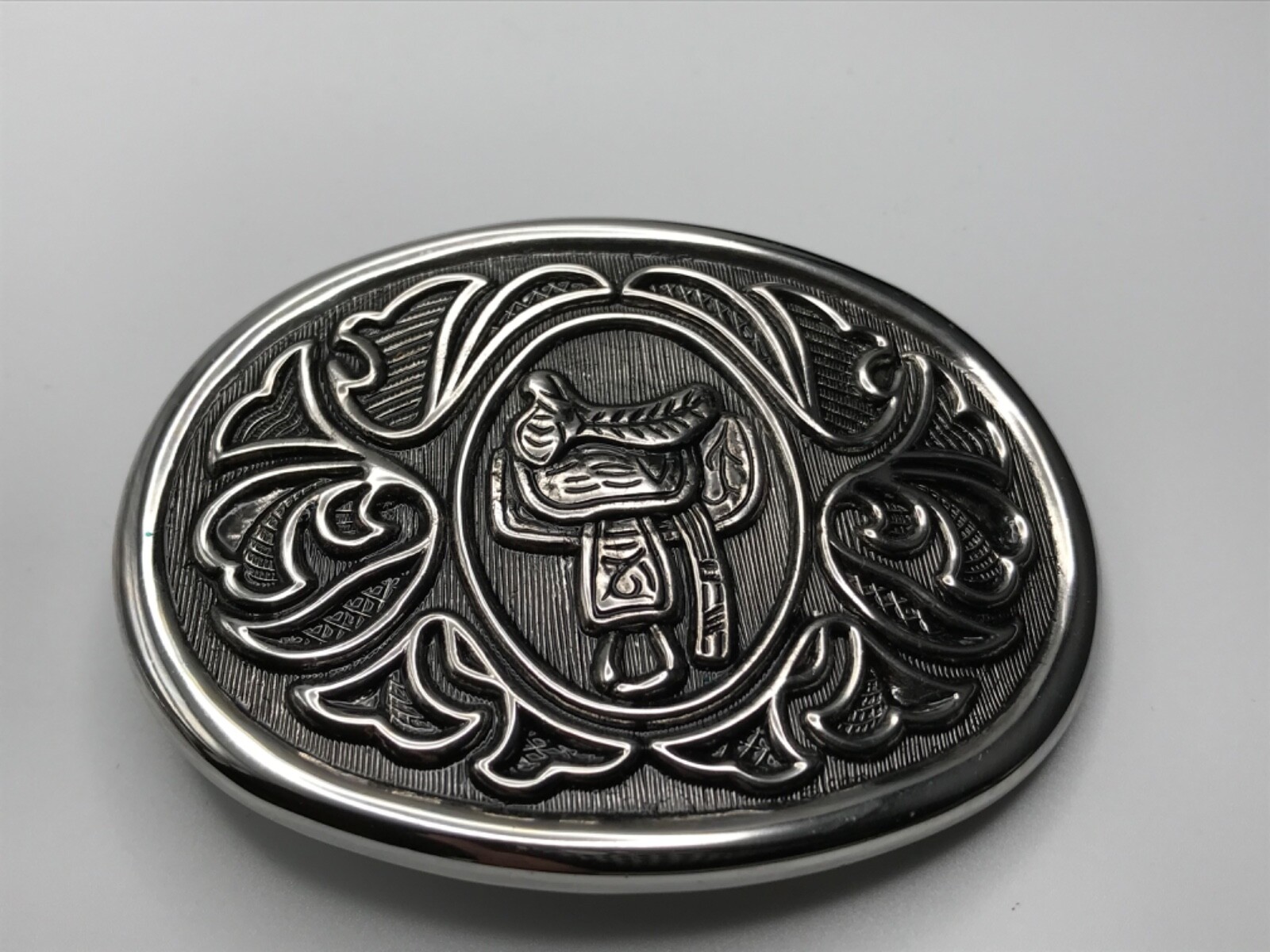 Vintage AVON Metal Silver Saddle Engraved Round Belt Buckle 2.25 x 3 Inch