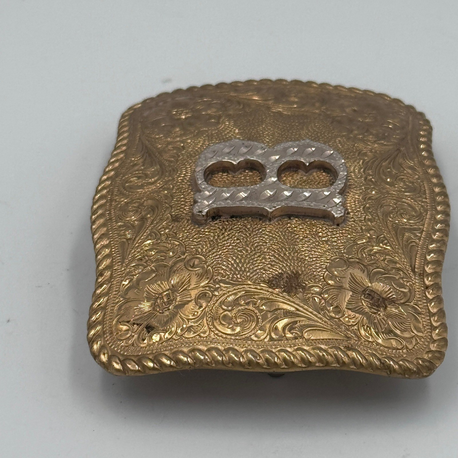 Crumrine El Arturo Bronze Western Belt Buckle Floral Engraved Initial B Vintage