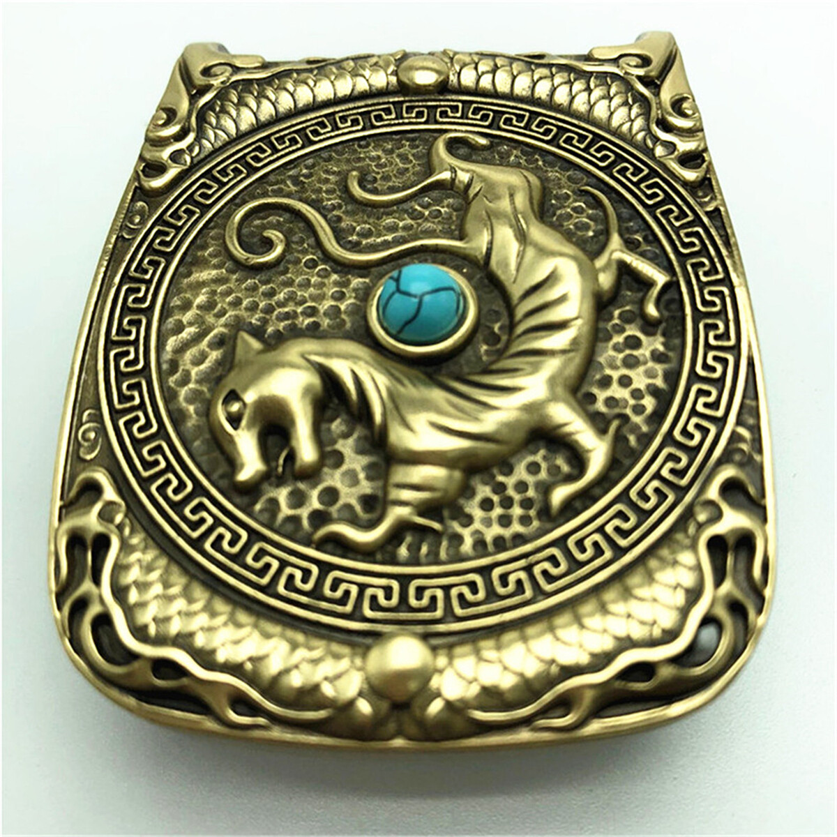 Tiger Turquoise Solid Brass Mens Belt Buckle Western Cowboy Vintage Antique