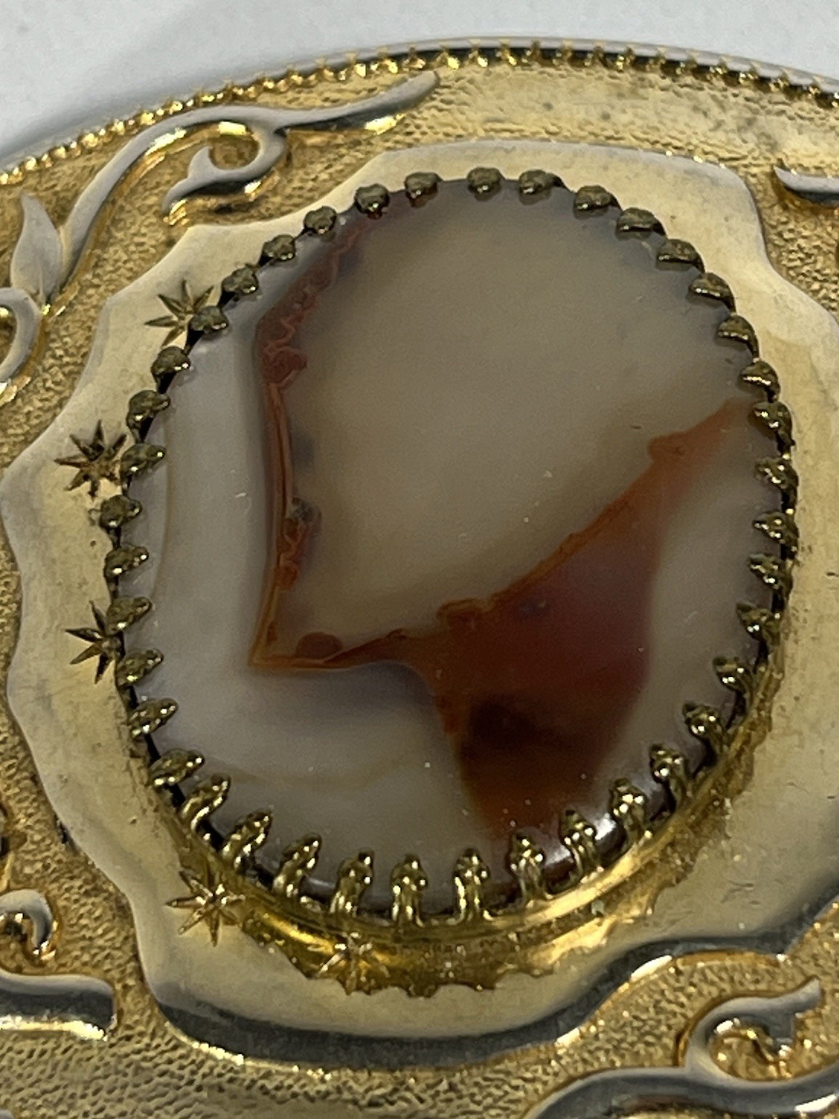 Gold Tone Western Belt Buckle w/Genuine Brazilian Agate Gemstone Stone (D)