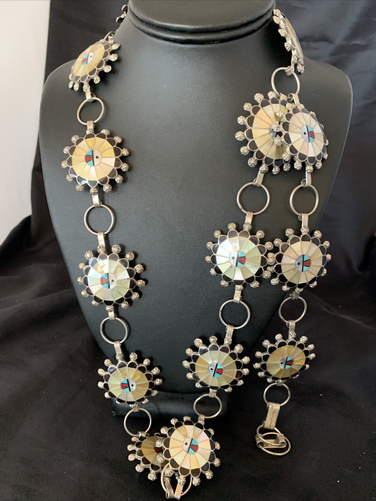 Turquoise & Onyx Zuni Sterling Silver Sun Face Inlay Old Pawn Belt 40&Prime; 12109