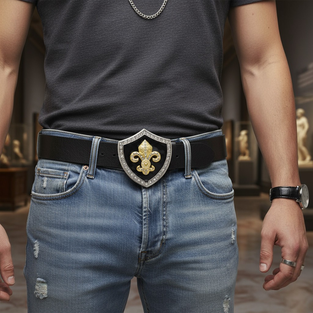 Men Belt Buckle Silver Metal Cowboy Western Gold Fleur De Lys Lily French Shield