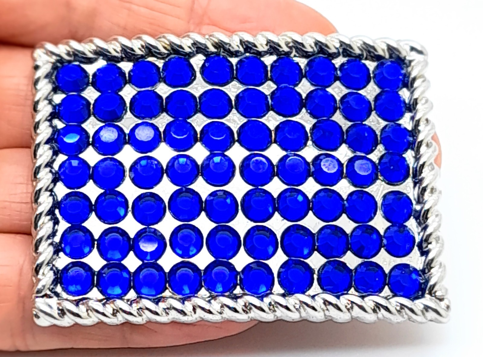 Fashion boho style classic oblong Belt Buckle Silver Metal royal blue rhinestone