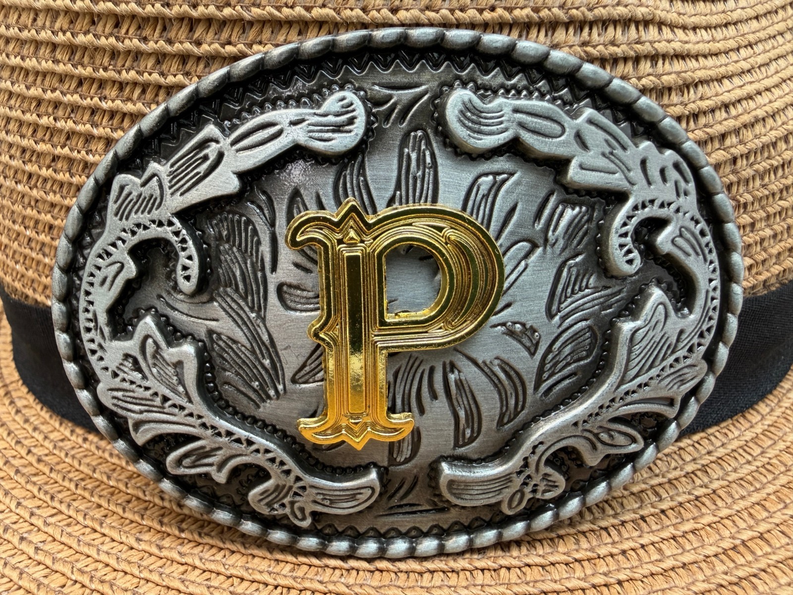 Antiqued Silver Gold Initial P Oval Western Cowboy Floral Vine Belt Buckle