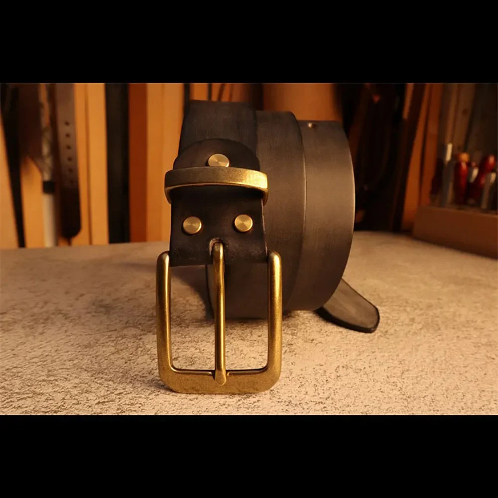 Retro Men&rsquo;s Leather Belt – 38mm Wide Brass Buckle Street Tough-Guy Style