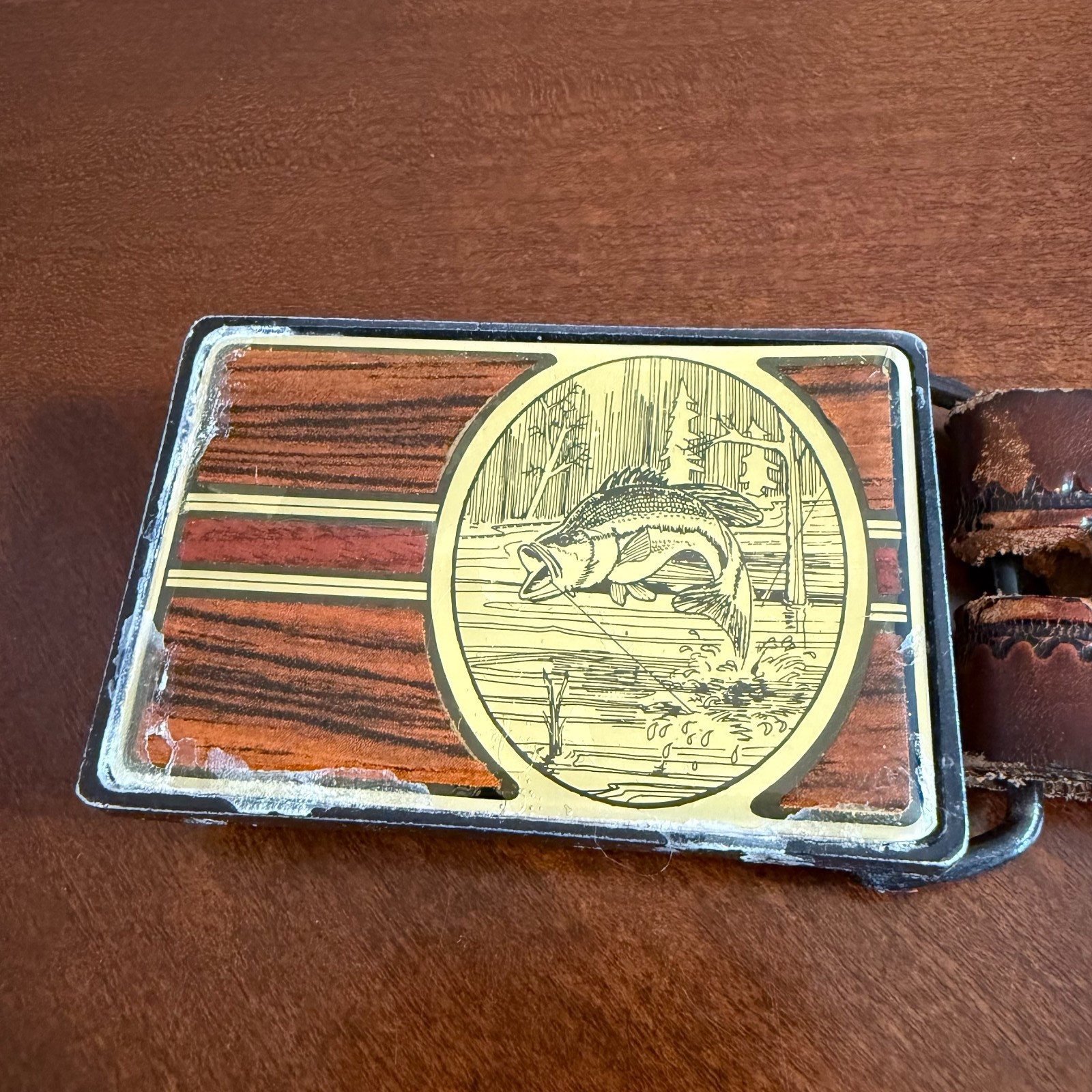 Vtg 1984 NAP Solid Brass Belt Buckle Bass Fish Woodgrain Western USA Leather