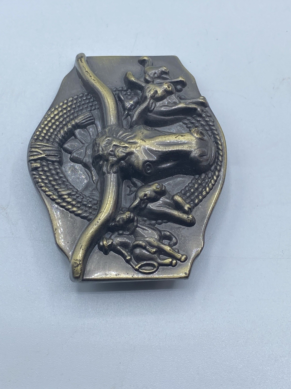 3D Texas Longhorn Bulls Rope Cattle Drive Brass Metal Belt Buckle 3 1/4 x 2 1/2&Prime;