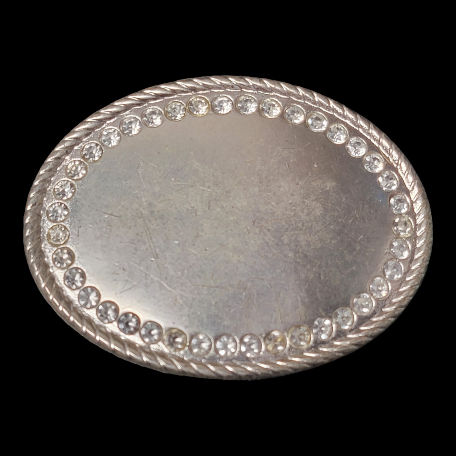 Vintage Belt Buckle Rhinestone Crystal Silver Western Scroll Cowgirl 80s