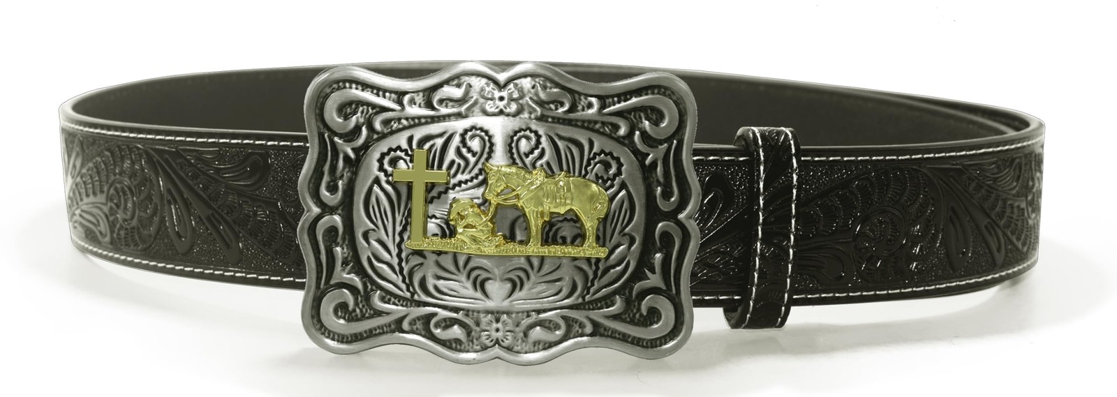 Belt Buckle With Religion Cross Cowboy Kneeling Prayer And Horse Design