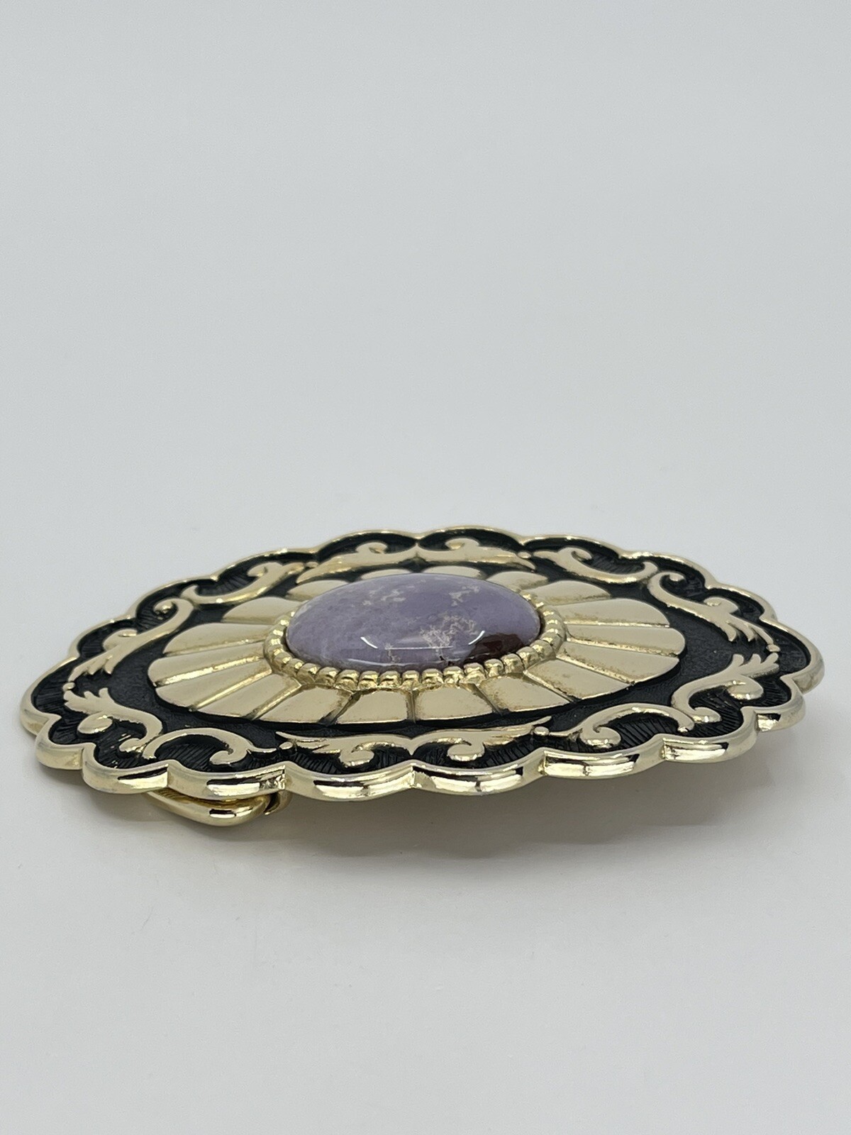 Belt Buckle Lavender Jade Cabochon oval gold tone black enamel background
