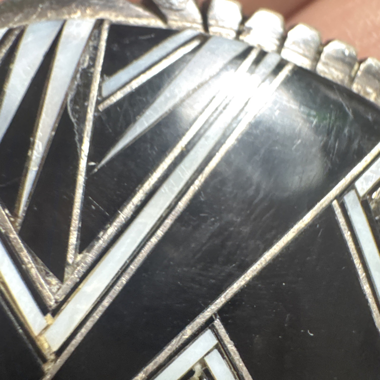 Vintage Southwestern Style Sterling Silver Belt Buckle Stamed B Black white Art