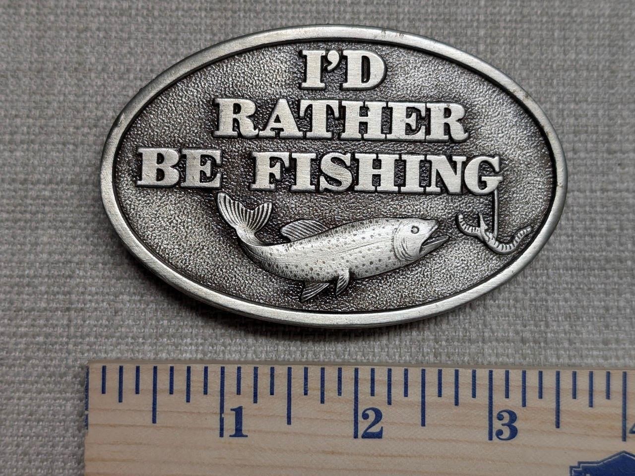 vintage USA made FISHING belt buckle 1970s brass TROUT sky patrol CAPT HAWKS