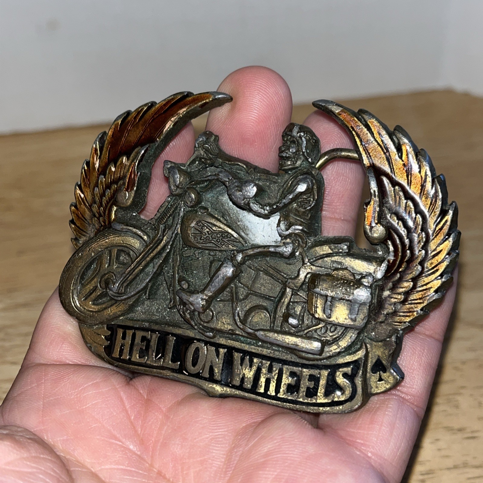 Vintage Brass Hell On Wheels Winged Biker Skeleton Motorcycle Belt Buckle