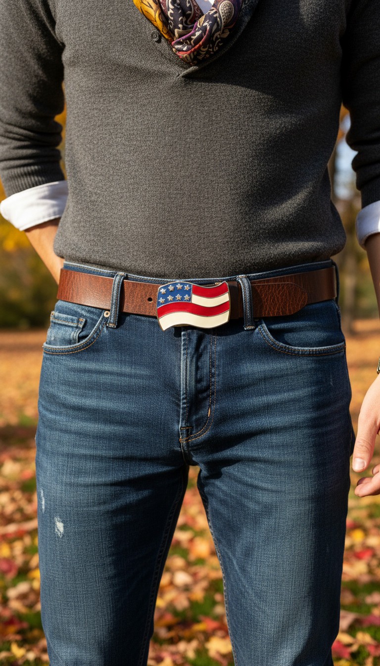 New Men Women Buckle Western Silver American USA Flag United States Casual Look