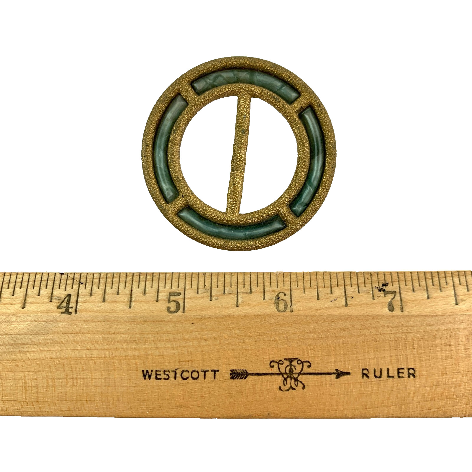 Vintage Made In Germany Brooch Belt Buckle? Hammered Gold Tone Green Enamel