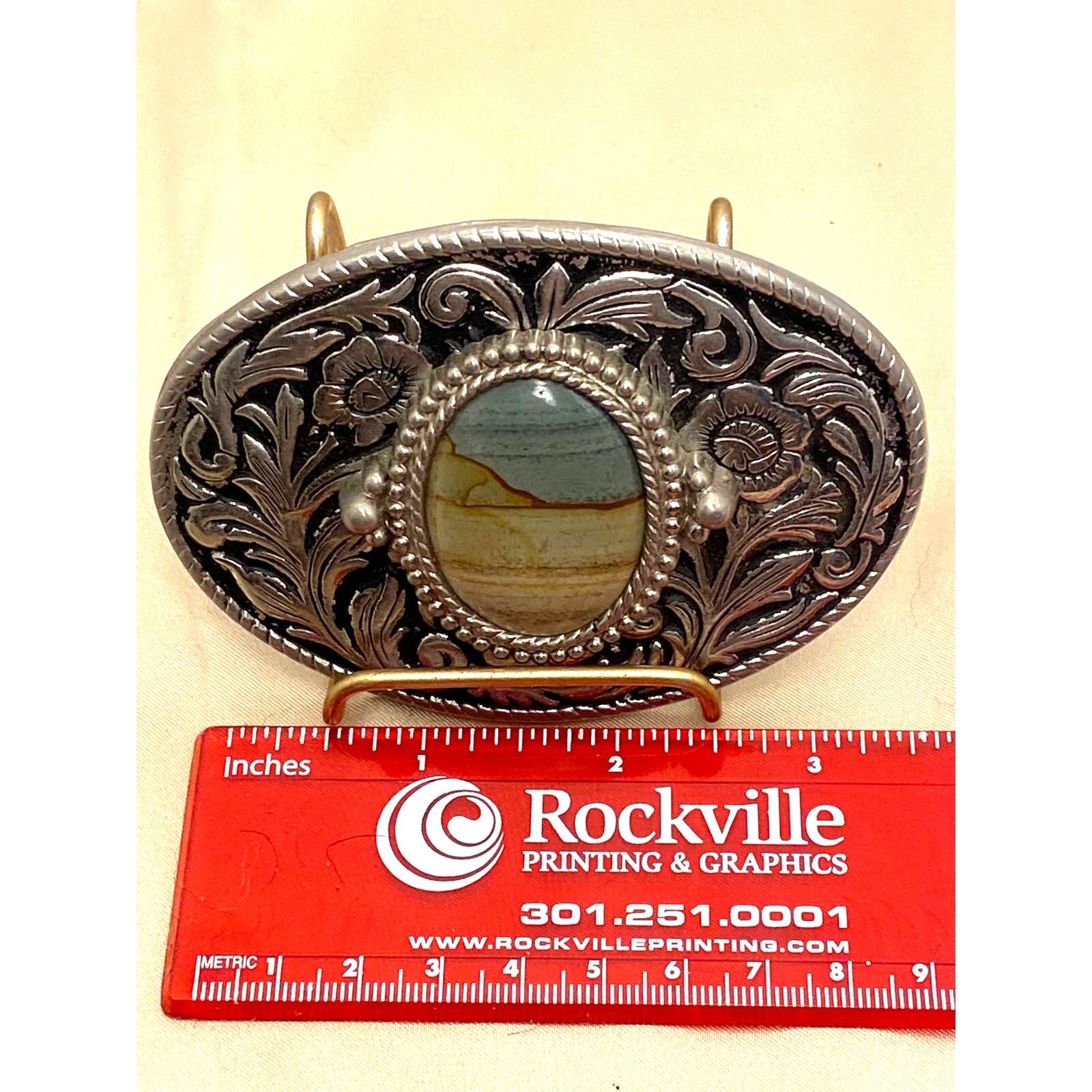 Vintage Silver Belt Buckle with Blue/Brown Natural Stone. Floral/Leaf Design