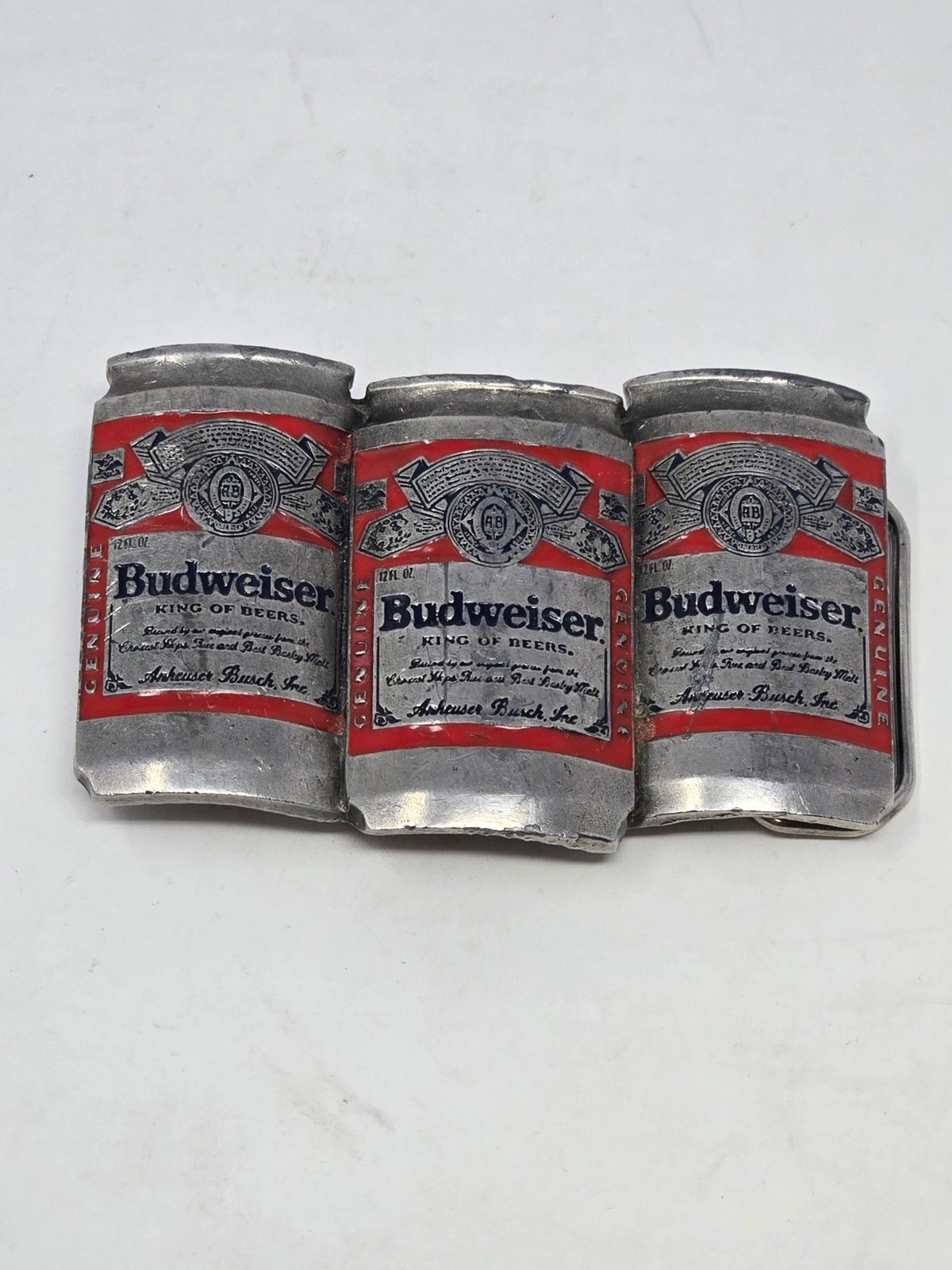 BUDWEISER ANHEUSER-BUSCH VINTAGE METAL BELT BUCKLE BEER CANS PEWTER RED MENS OS