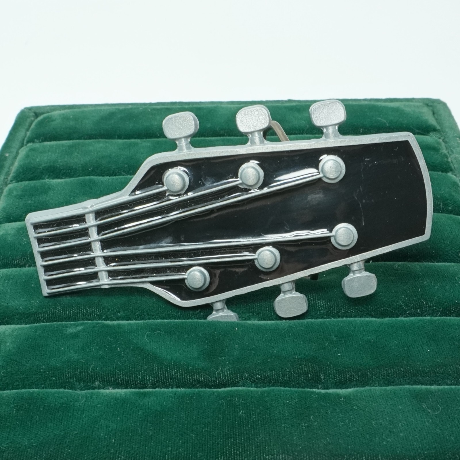 Vintage Guitar Headstock Black Enamel Country Musician Rock and Roll Belt Buckle