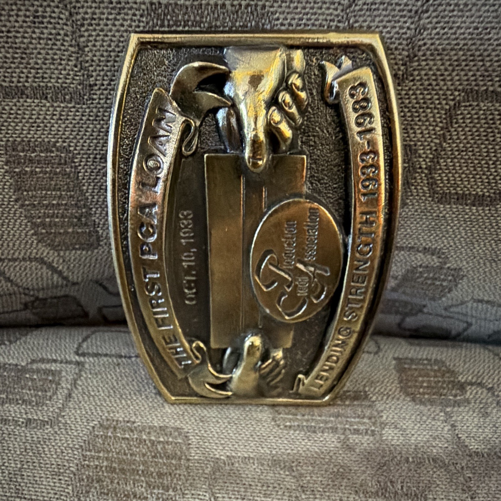 Western Metal Bull Belt Buckle « The First PCA Loan » 1933-1983, 1.5in