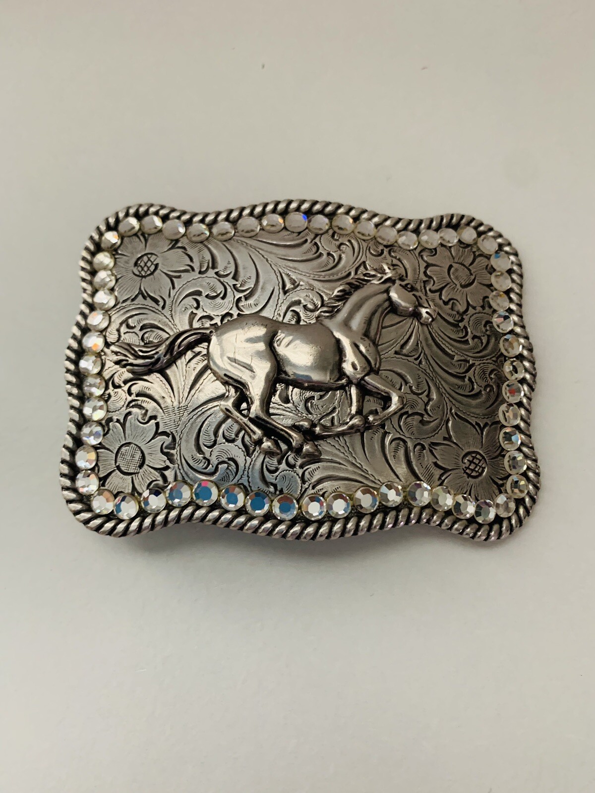 Nocona Western Running Horse Roped Edge Belt Buckle Rhinestone Border So Pretty!