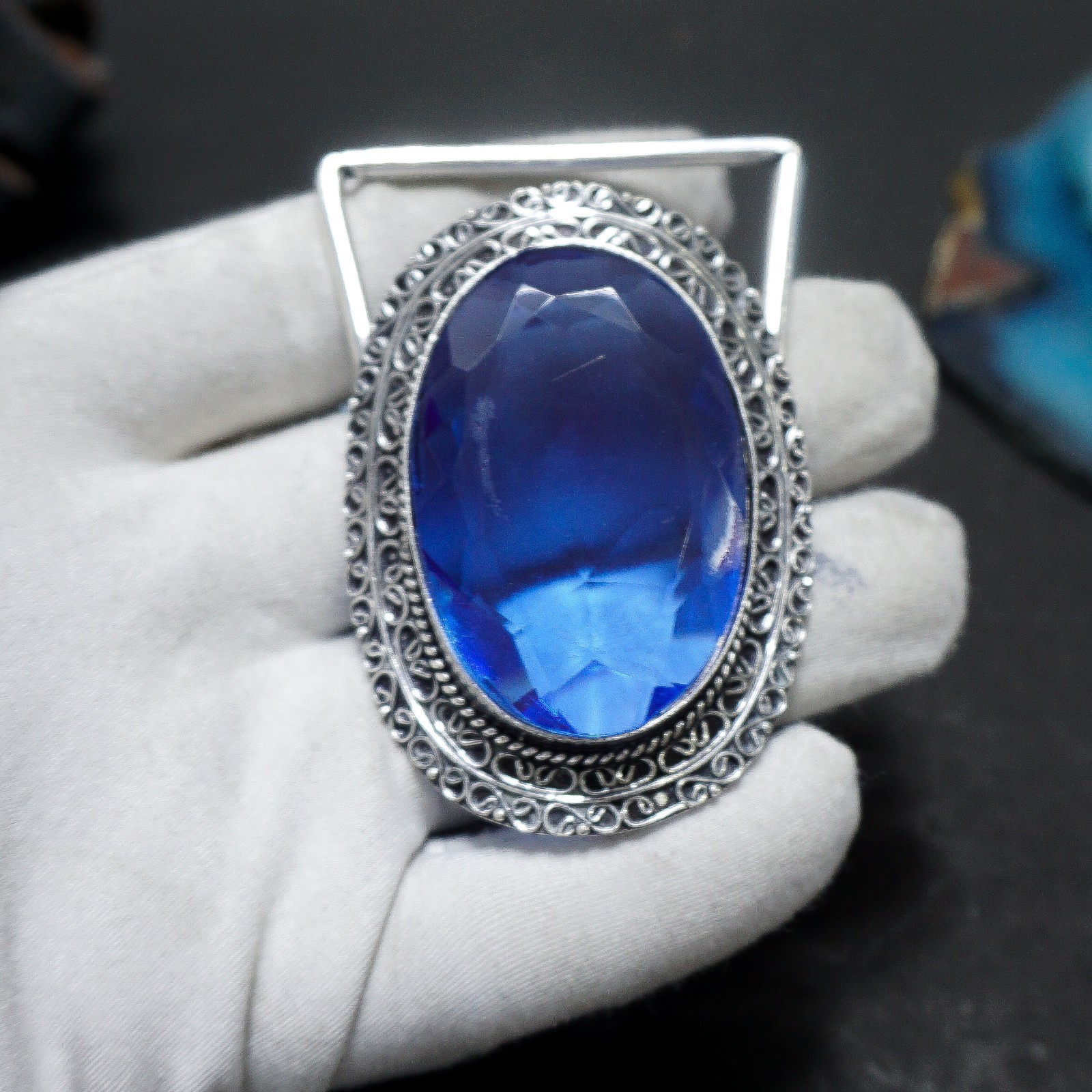 Blue Sapphire Belt Buckle Silver Plated Filigree Western Boho Statement Men