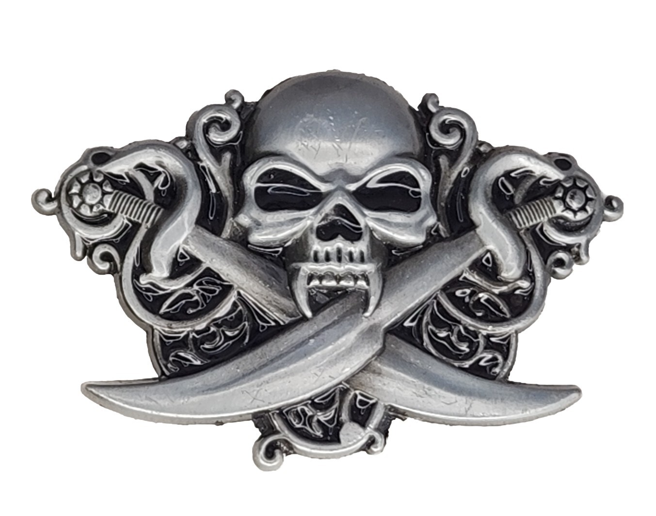 Unbranded Silver And Black Metal Skull w/ Swords Belt Buckle
