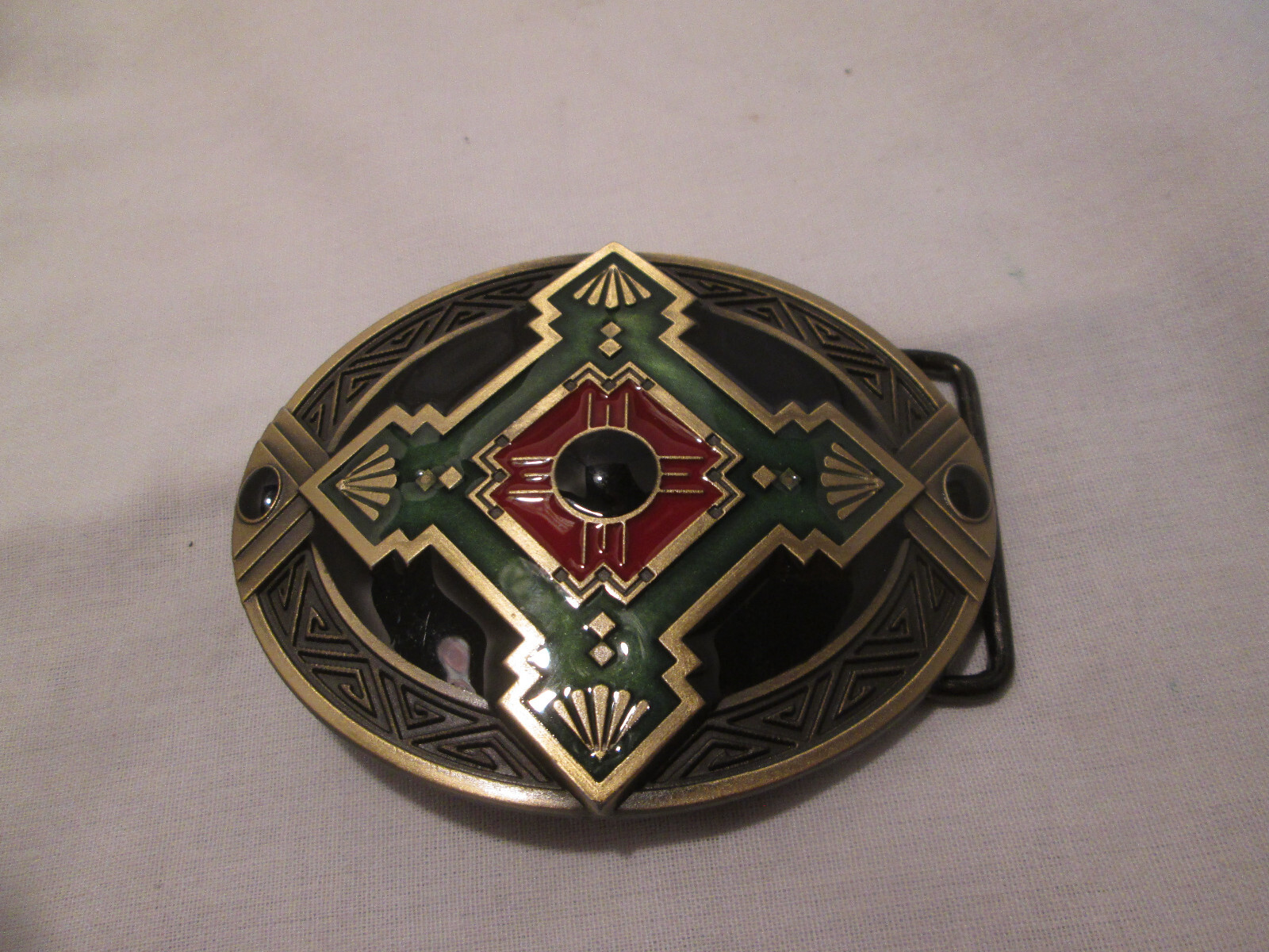 Southwestern Native American Design Belt Buckle Red Green Black Enamel Western