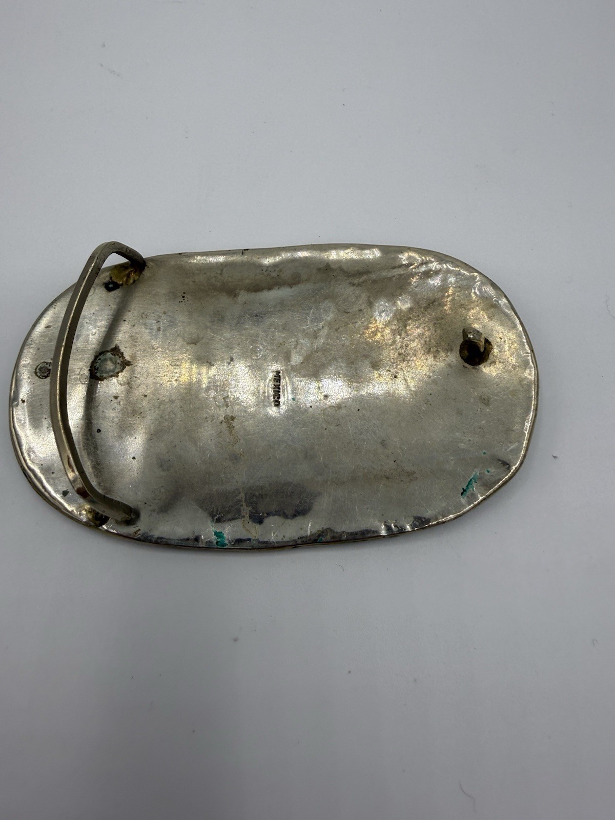 Vintage Mexico Alpaca Silver Belt Buckle Abalone Shell Inlay Oval Western Boho