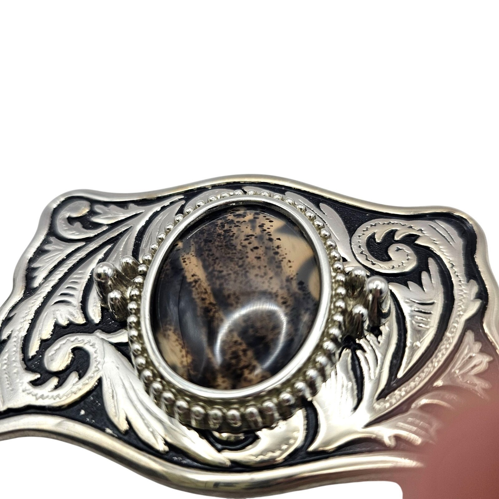 Western Belt Buckle Dendritic Agate Cabochon Silver Engraved Accents Side Pieces
