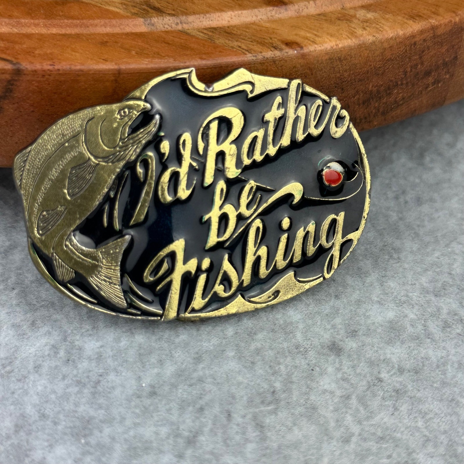 Vtg 1985 The Great American Buckle Co I&rsquo;d Rather Be Fishing Trout Belt Buckle