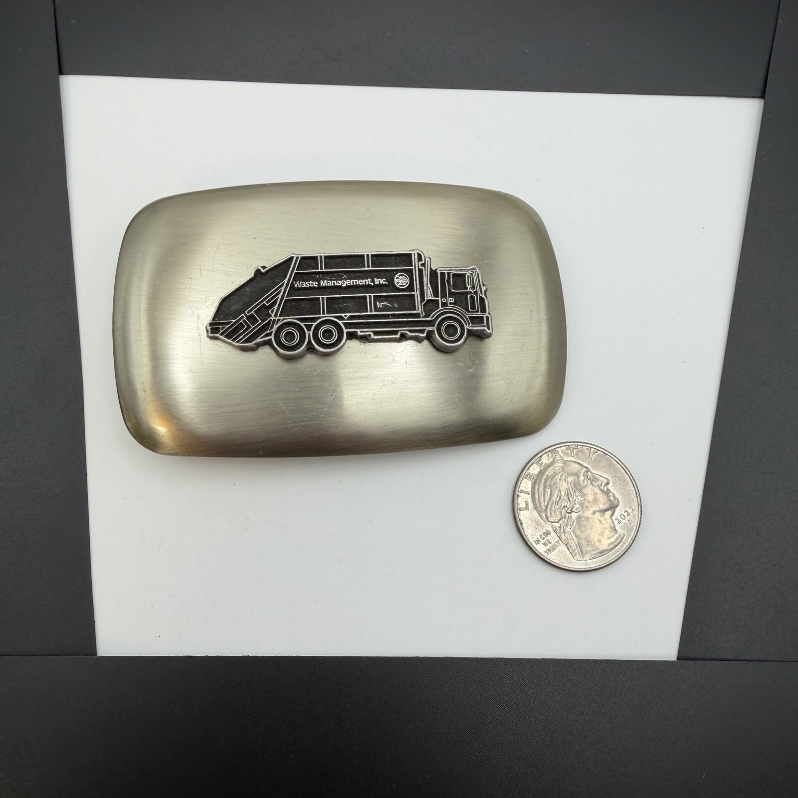 Vtg Waste Management Truck Belt Buckle Silver Tone Vintage Made in USA 3.25&Prime;x2&Prime;