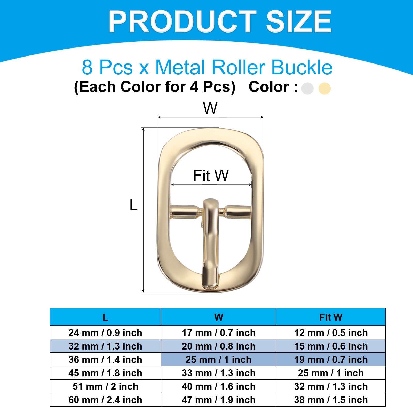8Pcs 0.6&Prime; Single Prong Metal Roller Pin Belt Buckles Silver/Light Gold
