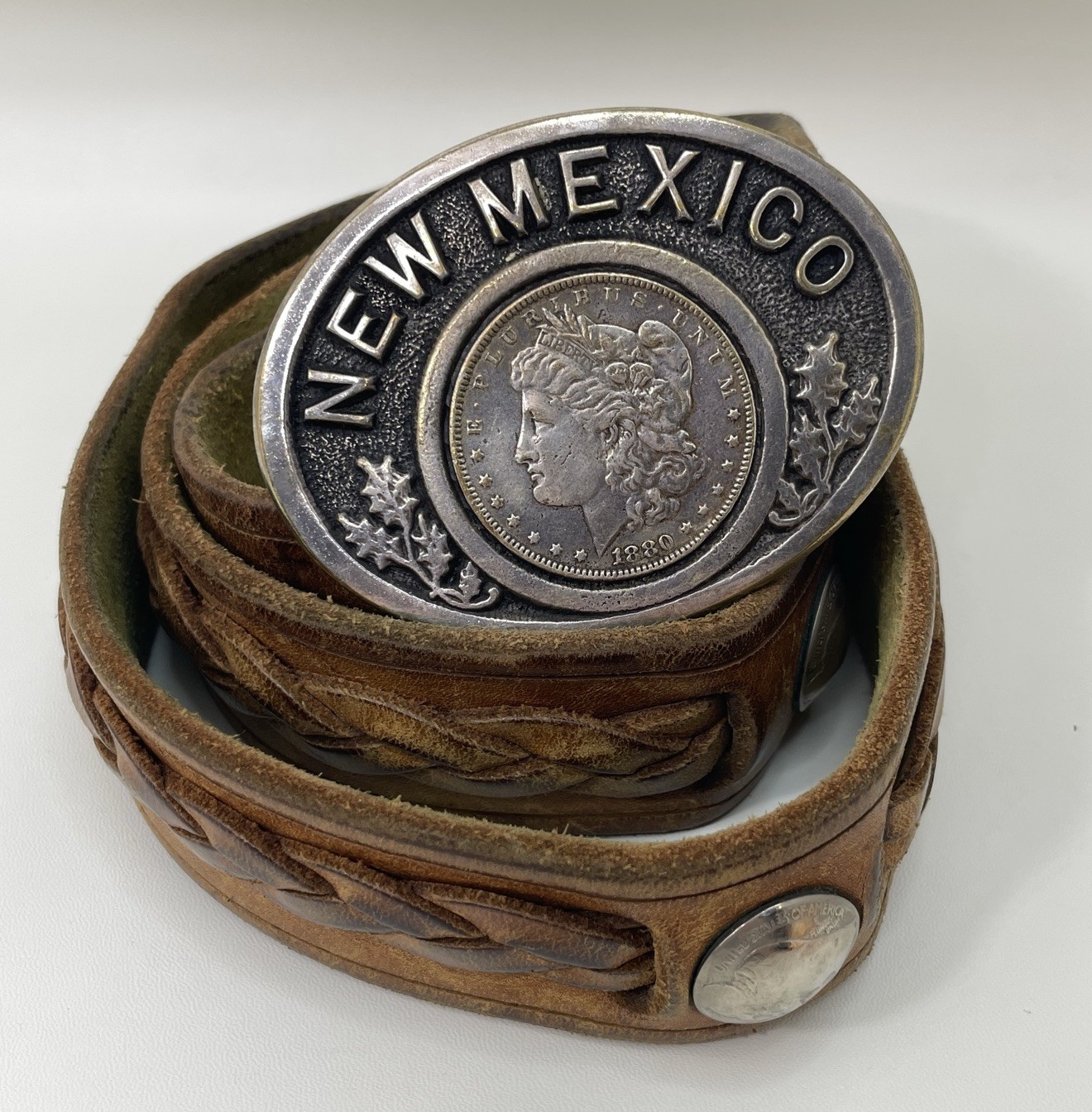 Pewter Belt Buckle 1880 Morgan Silver Dollar New Mexico Buffalo Nickel Leather