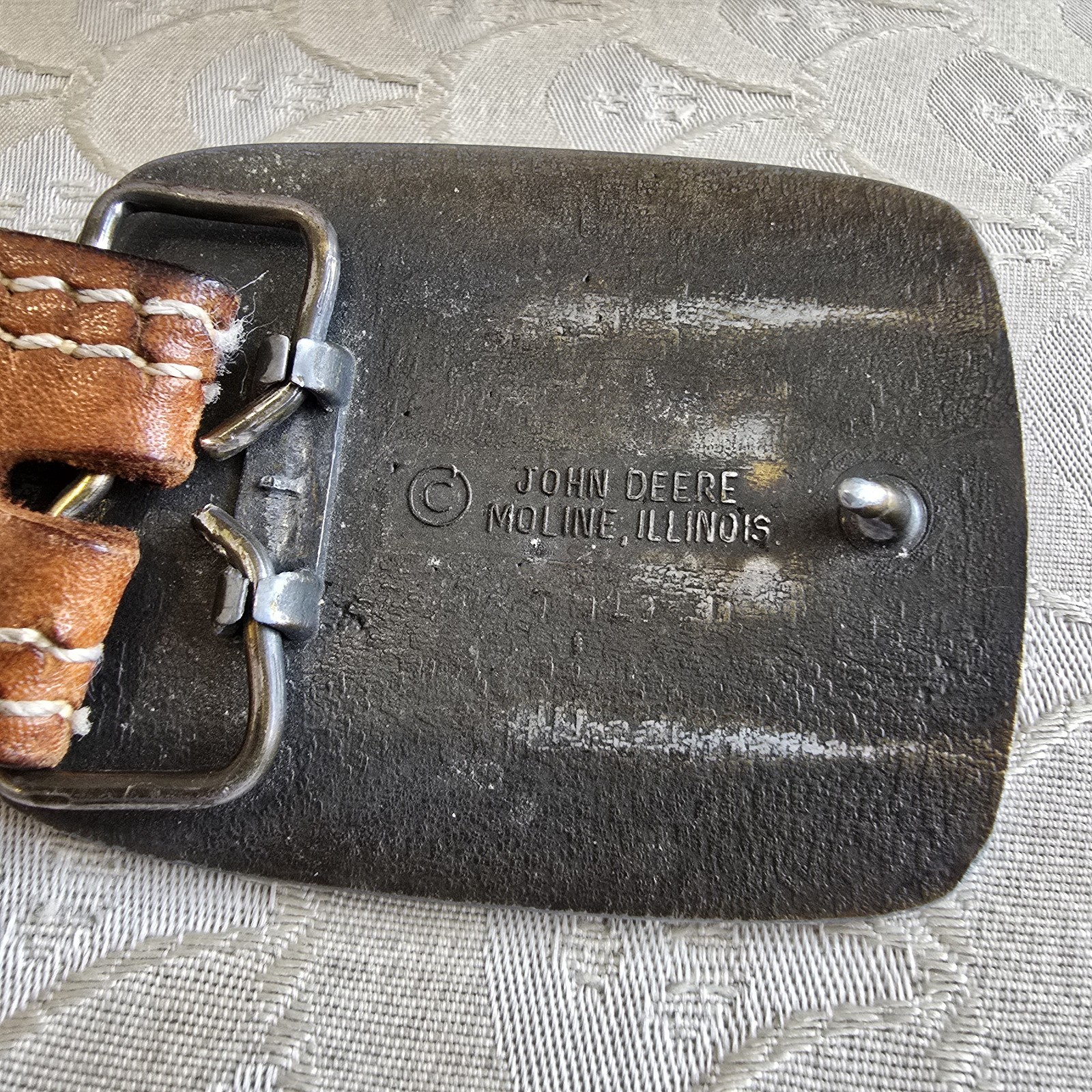 Vintage John Deere Tractor Bronze Metal Belt Buckle & Leather Embellished Belt