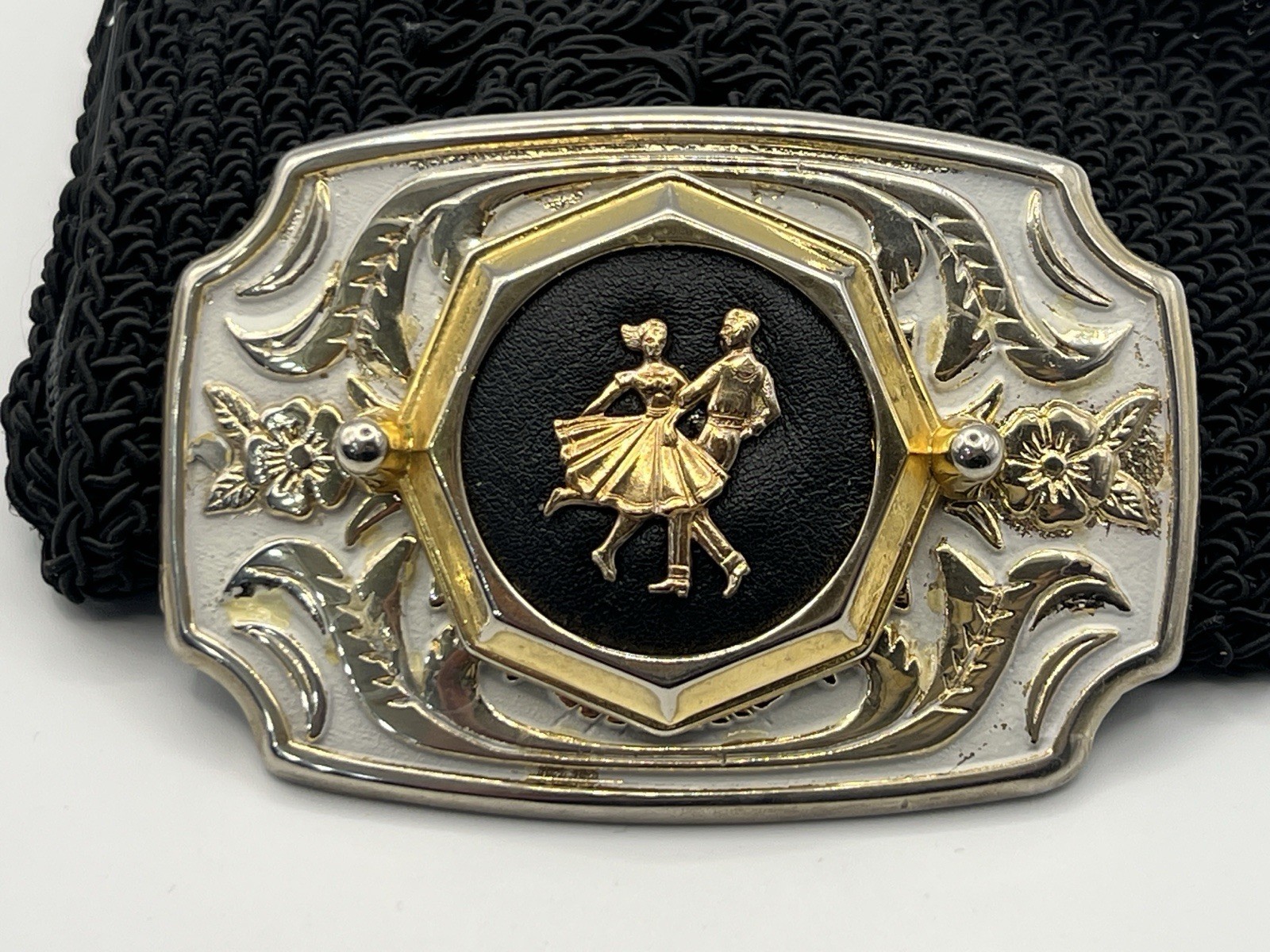 Western White Enamel Gold Tone Belt Buckle Couple Dancing Dance Floral Scroll