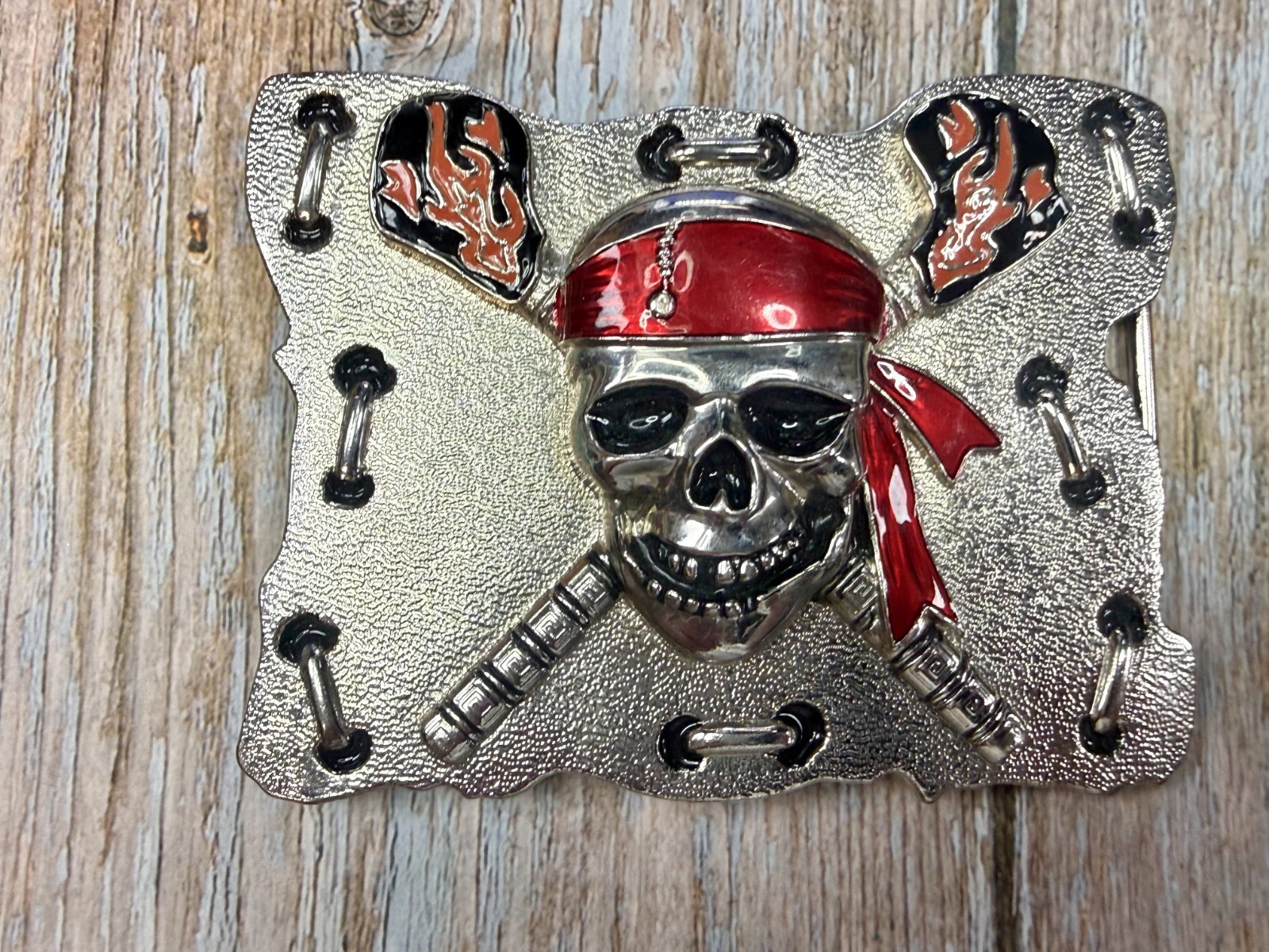 Raised Pirate Skull in Red Bandana Swords Gothic Punk Biker Vibe Belt Buckle