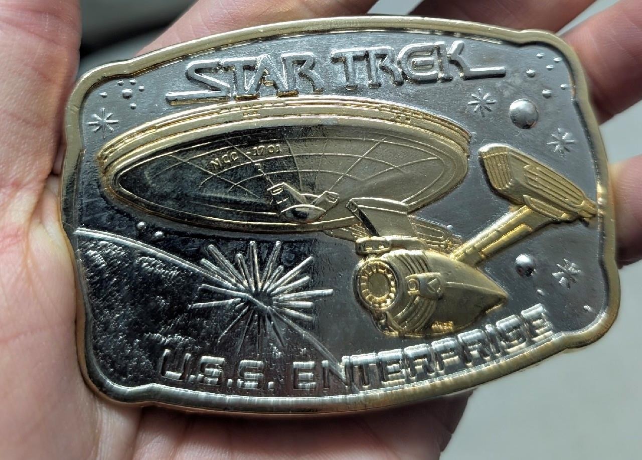 vintage STAR TREK belt buckle 24KT gold USS ENTERPRISE genuine silver WESTERN