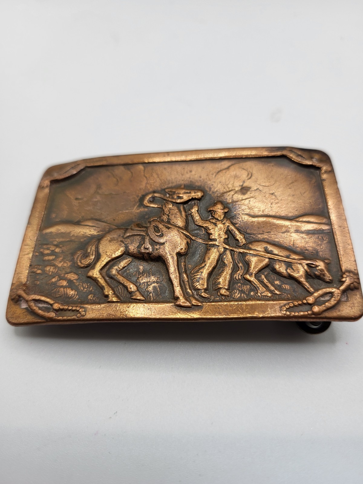 Vtg Western Belt Buckle Copper Brass Cowboy Wrangler Cattle Horse
