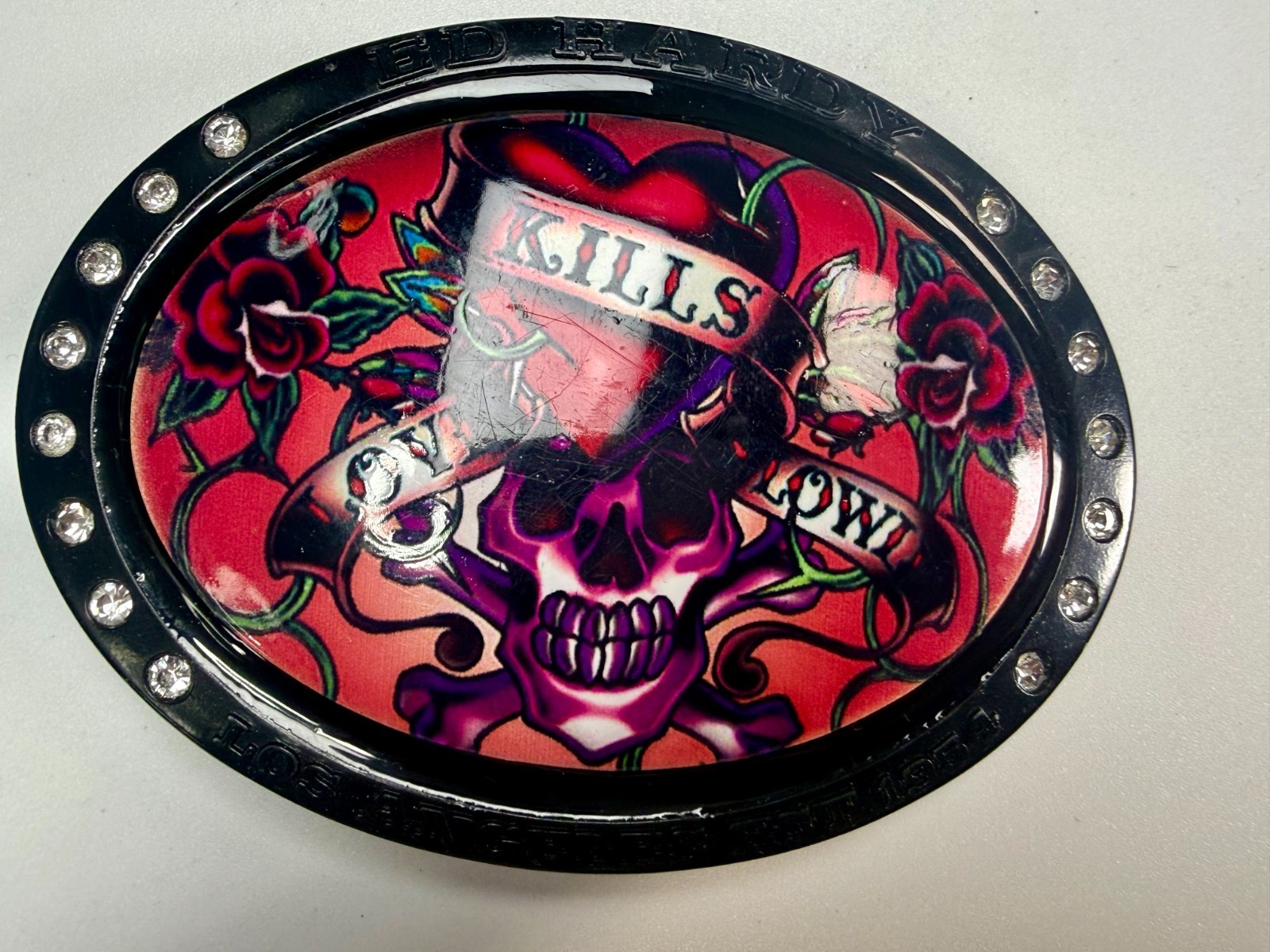 Ed Hardy Love Kills Slowly Signature Tattoo Skull with Rhinestones Belt Buckle
