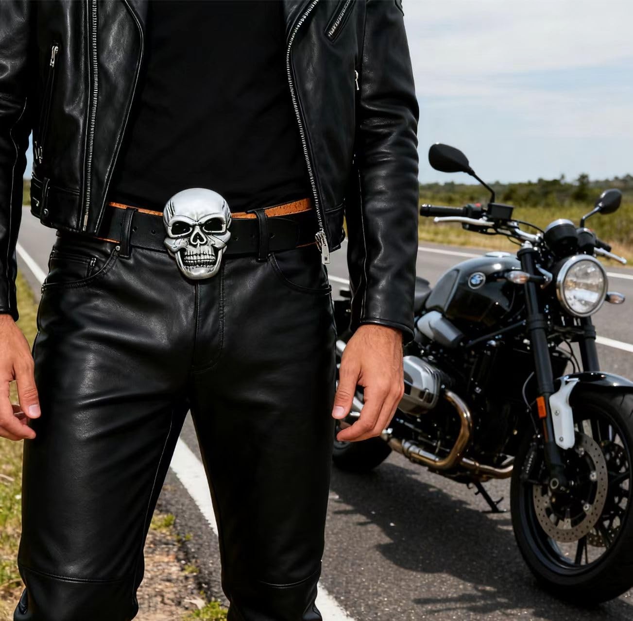 POSKLA Men&rsquo;s Skull Head Buckle Leather Belt Waist Band, Jeans Large, Black