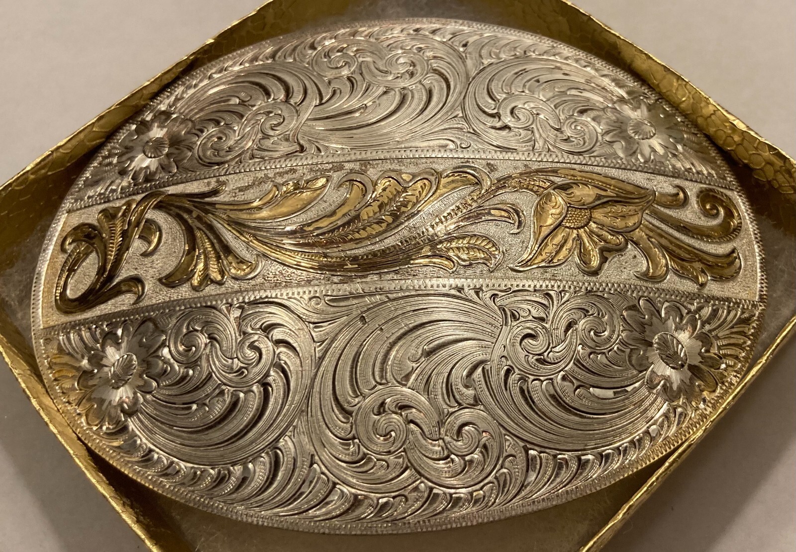 Vintage Metal Belt Buckle, Silver and Brass, Angie and BJ, 2 of Hearts Forever