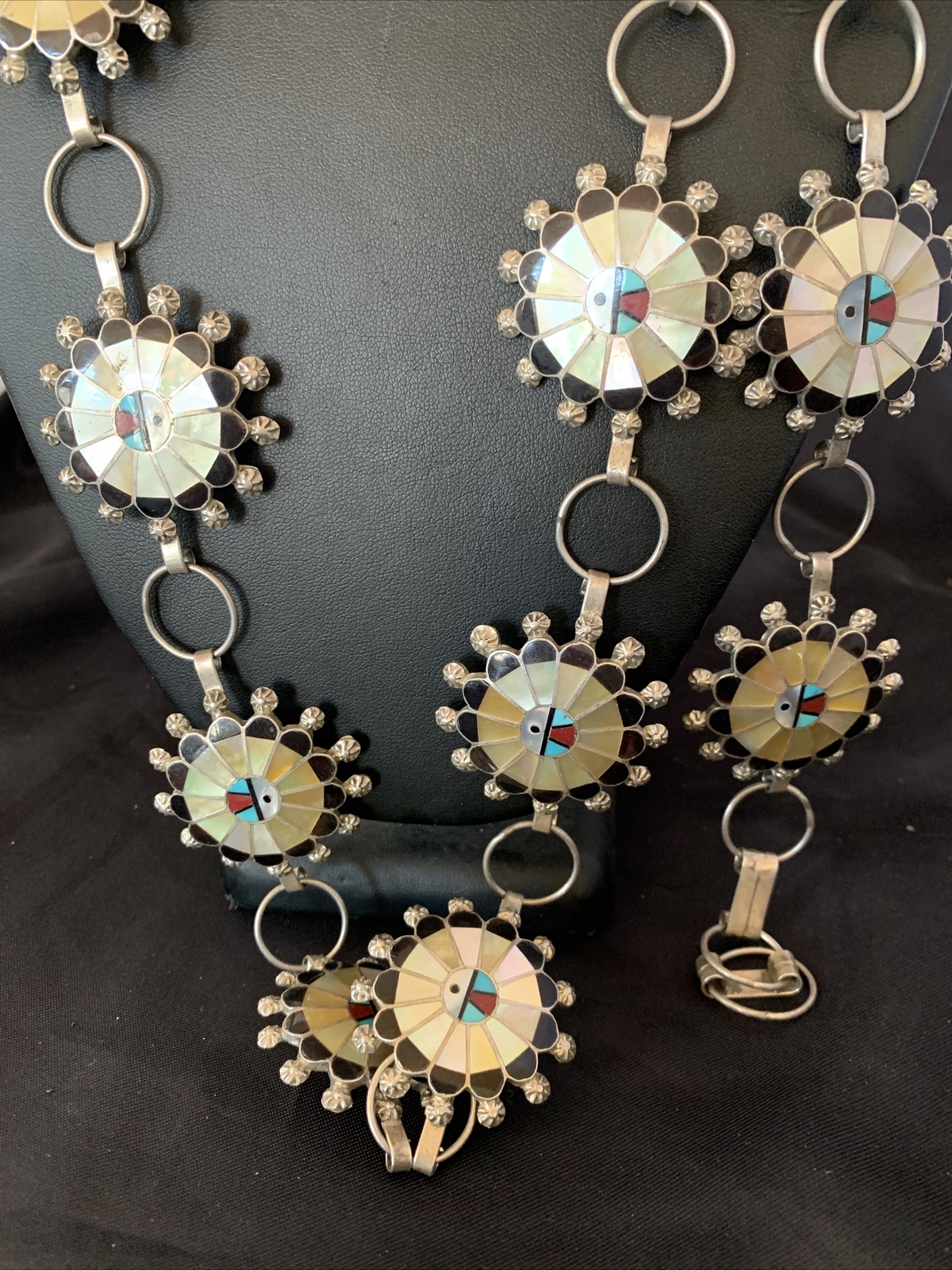 Turquoise & Onyx Zuni Sterling Silver Sun Face Inlay Old Pawn Belt 40&Prime; 12109