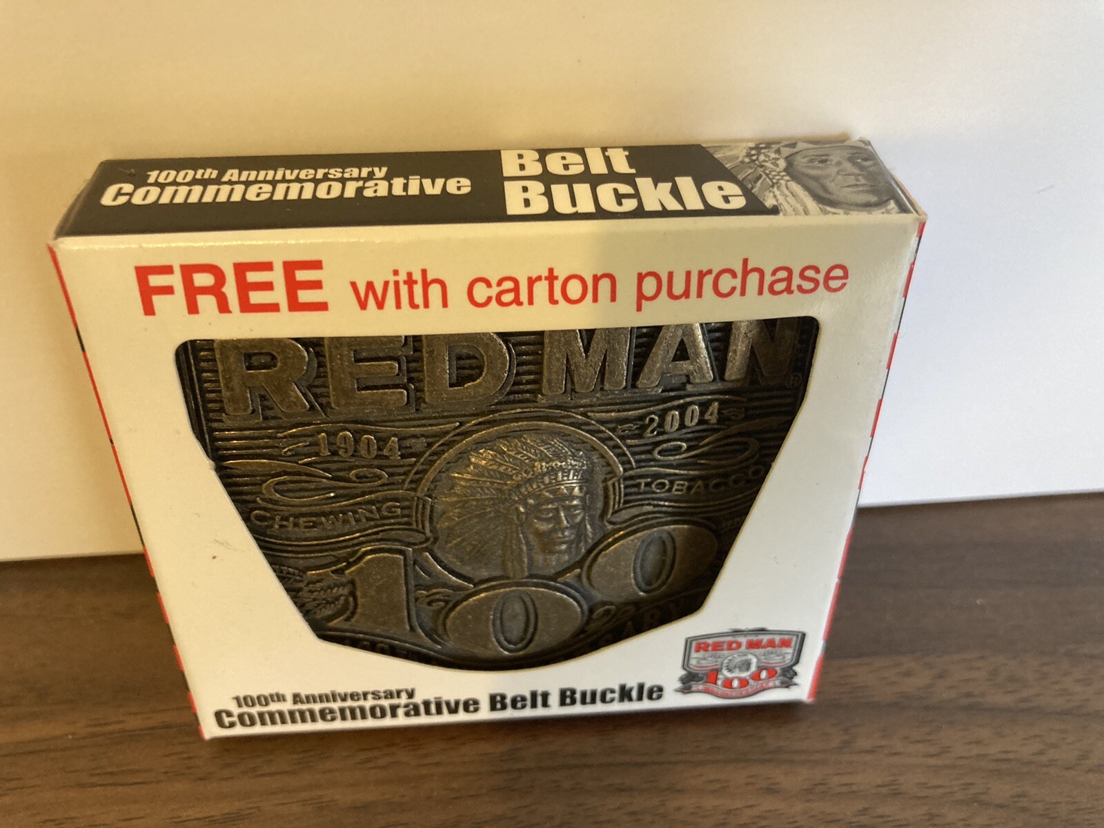 Red Man Belt Buckle 100 Year Anniversary Metal 2004 In Box NOS