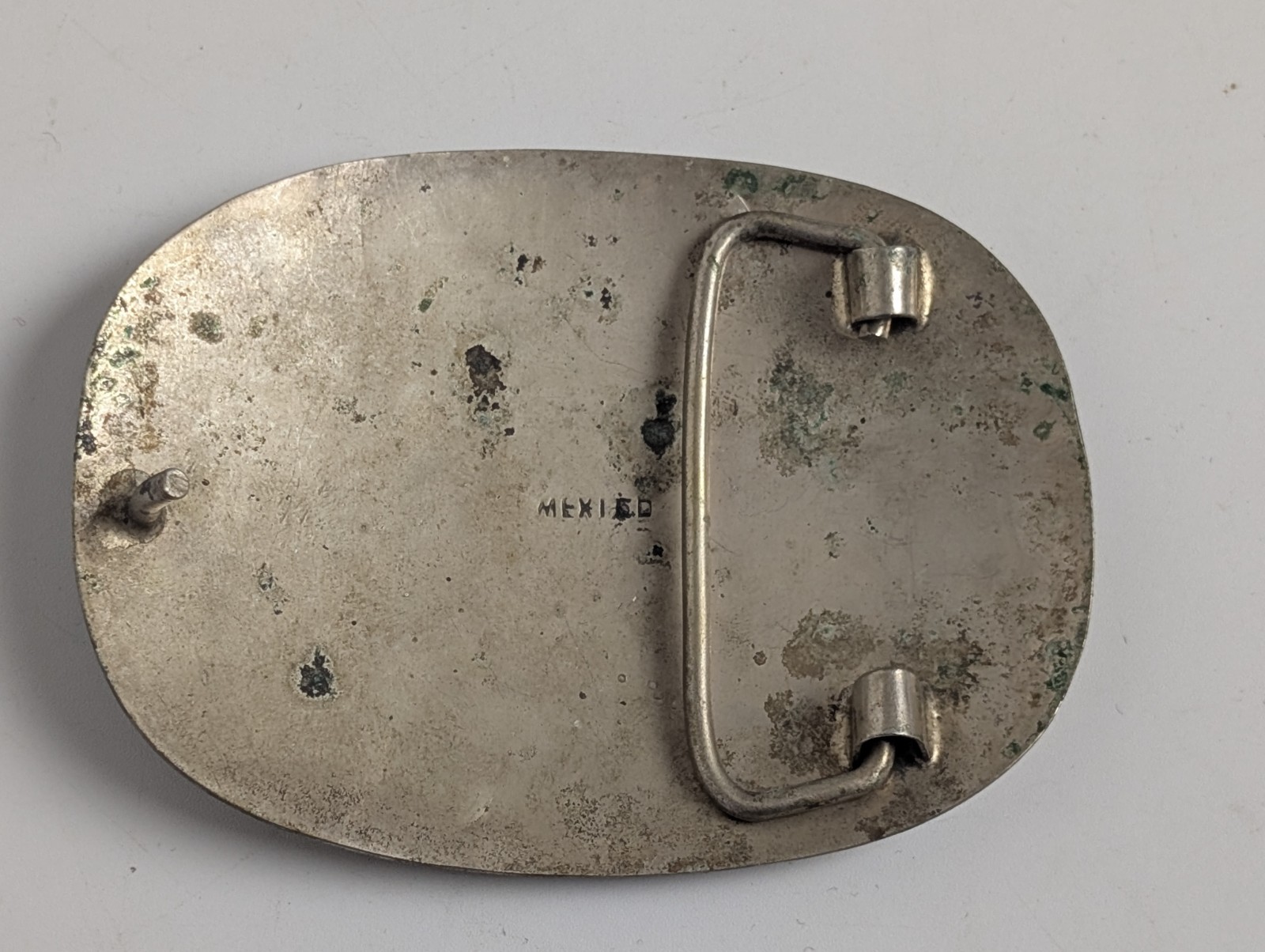 Vintage Mexico Alpaca Silver Mosaic Inlay Oval Belt Buckle Western Boho Unisex