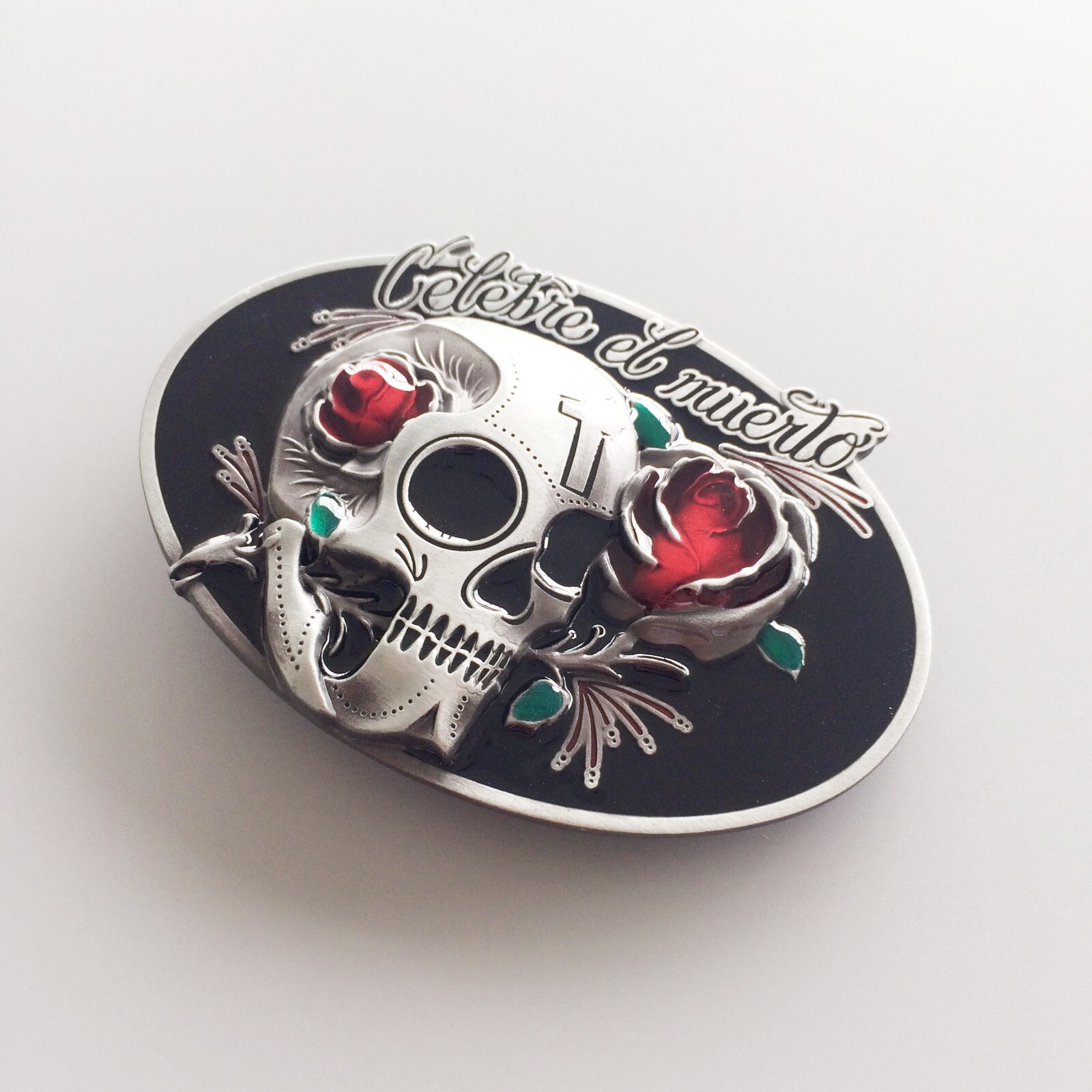 Vintage Oval Tattoo Rose Flower Skull Wedding Belt Buckle