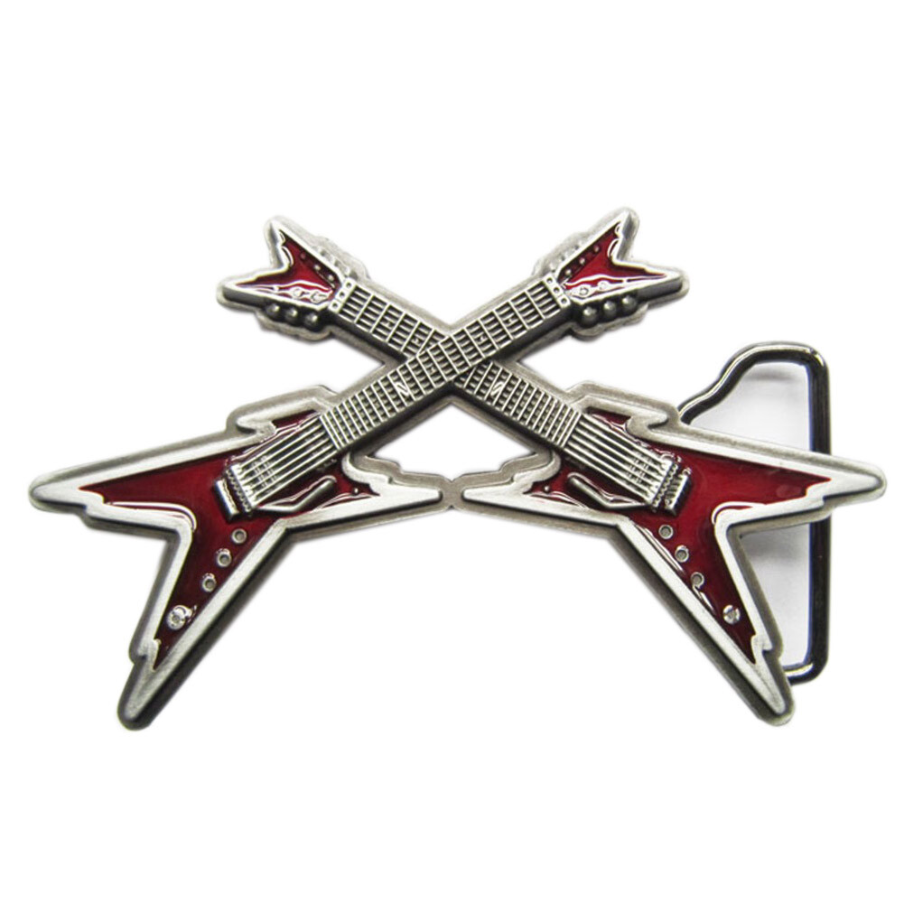 Crossed Electric Guitars Heavy Metal Rock & Roll Music Red Enamel Belt Buckle